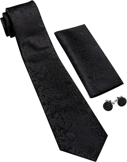 Barry.Wang Tie Sets for Men Silk Solid Necktie Stain Ties Handkerchief Pocket Square Cufflinks Wedding Business Dyed