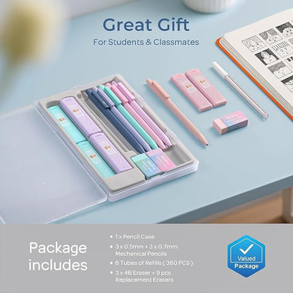Nicpro 6PCS Pastel Mechanical Pencil Set with Case, Cute Drafting Pencils 0.5mm & 0.7mm with 6 Tubes HB Lead Refills, Erasers, Eraser Refills, Aesthetic School Supplies for Girls Drawing Sketching
