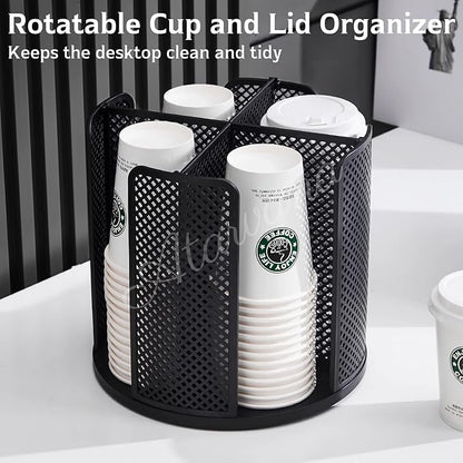 Rotatable Coffee Cup Dispenser with 4 Compartments, Atavarna Cups and Lids Holder for 5-16oz Cups Organizer for Restaurant, Coffee Station, Bar, Office, Home-9.25" x 9.25" x 8.66"