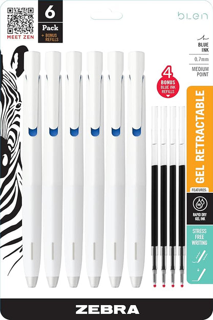 Zebra Pen bLen Retractable Ballpoint Gel Pen + refills, White Barrel, Medium Point, 0.7mm, Blue Ink (Pack of 1,6 Count Total)