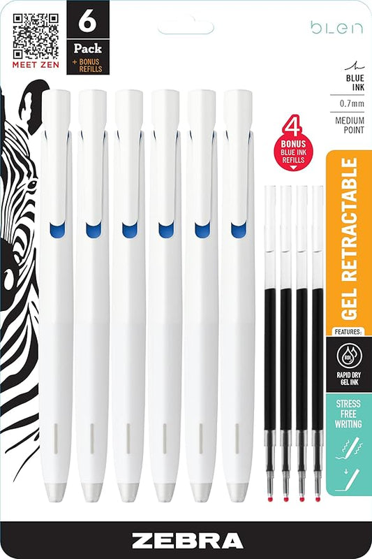 Zebra Pen bLen Retractable Ballpoint Gel Pen + refills, White Barrel, Medium Point, 0.7mm, Blue Ink (Pack of 1,6 Count Total)