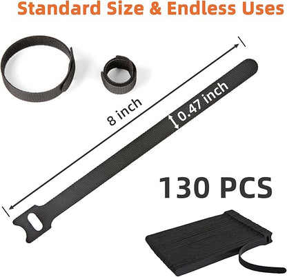 130PCS Reusable Cable Ties with Hook and Loop, Multi-purpose Adjustable 8 Inch Cable Management Wire Ties Cable Straps for Organizing Home, Office and Data Centers, Black
