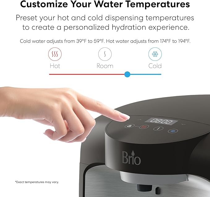Brio 800 Bottleless Countertop Water Cooler w/ 2-Stage Filtration | Self Cleaning, Digital Display, 3-Temp (Hot Cold & Room Temperature) Filtered Drinking Water Dispenser for Bar Home Kitchen & Office