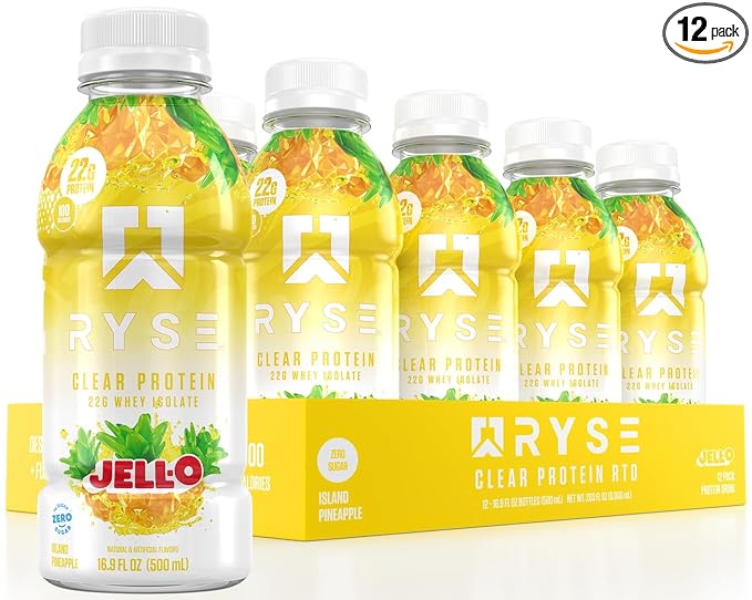 RYSE Clear Protein Drink - Jell-O Island Pineapple - 100 Calories, 22g Whey Isolate Protein Shake, Sugar-Free, 0g Fat & Lactose-Free - Refreshing Ready-to-Drink Beverage - 16.9 fl oz Bottles (12-Pack)