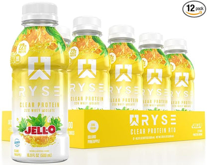 RYSE Clear Protein Drink - Jell-O Island Pineapple - 100 Calories, 22g Whey Isolate Protein Shake, Sugar-Free, 0g Fat & Lactose-Free - Refreshing Ready-to-Drink Beverage - 16.9 fl oz Bottles (12-Pack)