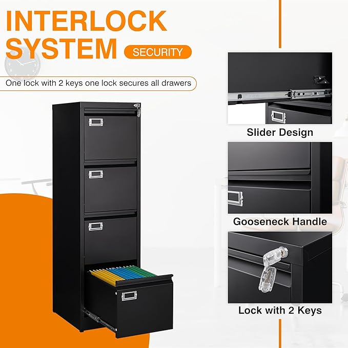 4 Drawer File Cabinet with Lock Metal Filling Cabinet Vertical Locking File Cabinets for Home Office to Hanging F4/A4 SizeA4 Legal/Letter Size, Assembly Required,Black