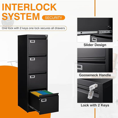 4 Drawer File Cabinet with Lock Metal Filling Cabinet Vertical Locking File Cabinets for Home Office to Hanging F4/A4 SizeA4 Legal/Letter Size, Assembly Required,Black