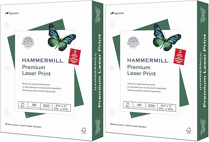 Hammermill Premium Laser Print Paper, Letter Size, 24lb, 98 Bright, 1000 Sheets (Pack of 2)