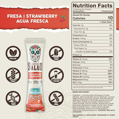 Salud 2-in-1 Hydration Packets + Immunity Electrolytes Powder, Strawberry - Fresca Agua Fresca Drink Mix, Elderberry, Dairy & Soy Free, Non-GMO, Gluten Free, Vegan, Low Calorie, 1g Sugar (15 Servings)