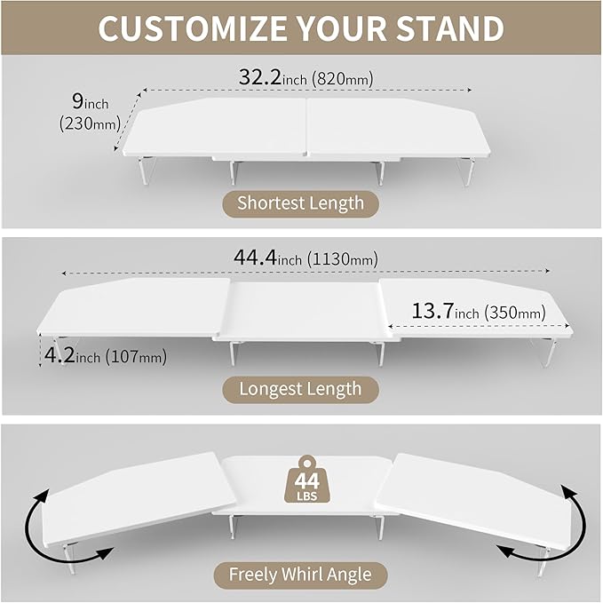 LED Dual Monitor Stand Riser for 2 Monitors, Office Desktop Wooden Stand Adjustable Length and Angle 3 Shelf, Extra Long Multifunctional Stand up to 44.4" for Computer, Laptop, TV, White