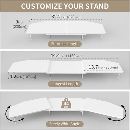 LED Dual Monitor Stand Riser for 2 Monitors, Office Desktop Wooden Stand Adjustable Length and Angle 3 Shelf, Extra Long Multifunctional Stand up to 44.4" for Computer, Laptop, TV, White