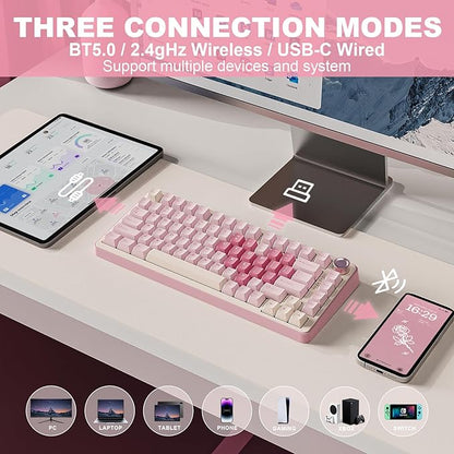 YUNZII B75 PRO Wireless Mechanical Keyboard,75% Layout with Knob,Hot Swap Gasket Custom Structure,Creamy Pre-lubed Switches,RGB Backlit,Bluetooth/Type-C/2.4G for Win/Mac(Milk Switch,Pink)