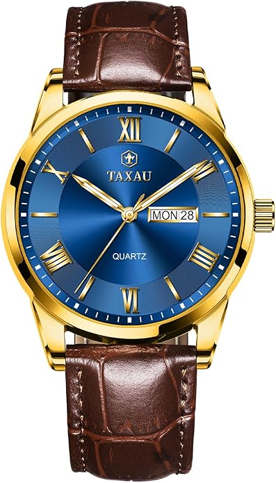 Men's Watch Big Face Easy Read Arabic Numeral Dress Watches for Men Classic Black Brown Leather Band Analog Mens Wrist Watch with Day and Date Fashion Business Waterproof Luminous Quartz Watch