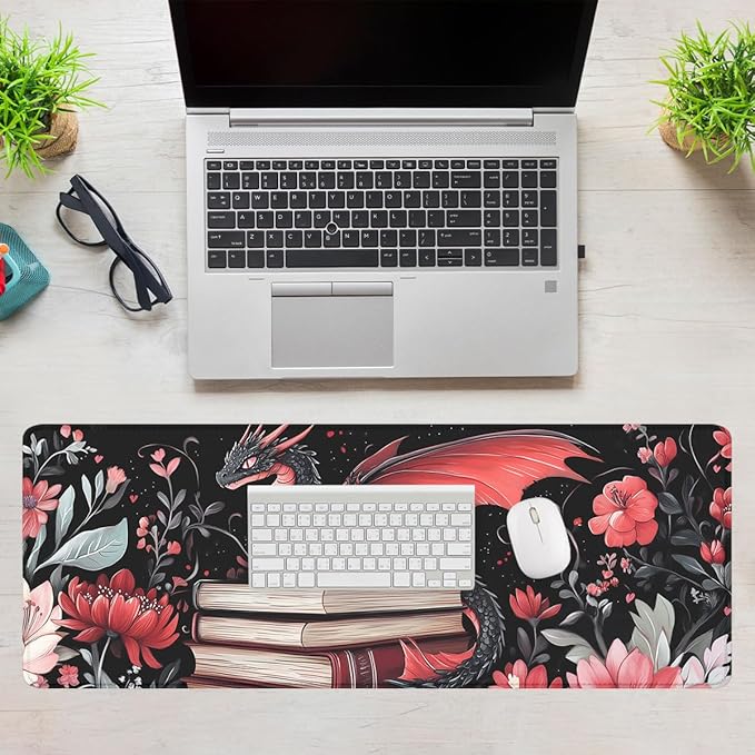 Dragon Desk Pad Mouse Pad Cartoon Flowers Fantasy Magical Books Mouse Pad Large Mousepad Extended Laptop Keyboard Mat Gaming Desk Pad Mouse Mat 31.5"x11.8"