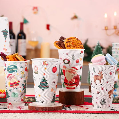 100 Pack Christmas Coffee Cups with Lids 16oz, Disposable Insulated Ripple Wall To Go Paper Coffee Cups for Hot/Cold Drinks Office Home Shop Event (Colorful)