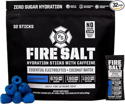 Fire Science Fire Salt Hydration Sticks, Electrolytes & Coconut Water, Hydration Drink Mix with Caffeine, Potassium & Sodium, Zero Sugar, Serve On The Go Packs, Caffeine Blue Raspberry, 32 Count
