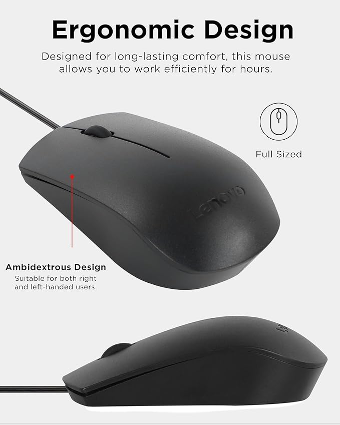 Lenovo USB-C Wired Mouse, Full Size Optical, Ambidextrous Design, Black, Ergonomic Shape, Precision Optical Sensor, Plug-and-Play for Right and Left-Handed Users, Durable Performance Gaming PC