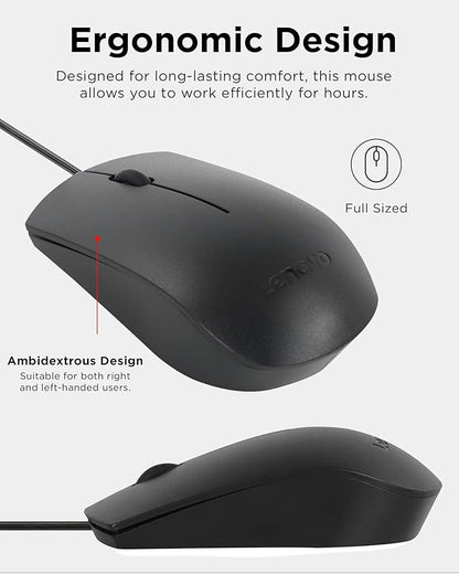 Lenovo USB-C Wired Mouse, Full Size Optical, Ambidextrous Design, Black, Ergonomic Shape, Precision Optical Sensor, Plug-and-Play for Right and Left-Handed Users, Durable Performance Gaming PC
