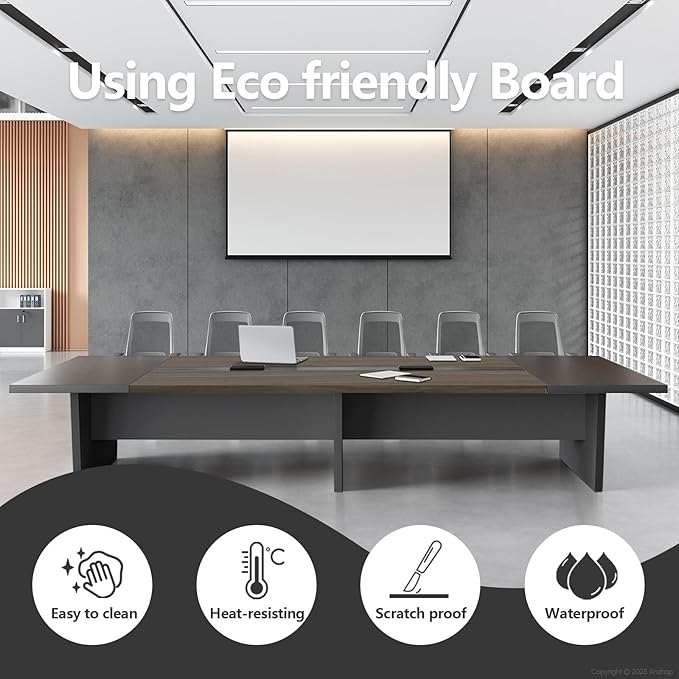 10FT Conference Table, Large Rectangular Seminar Meeting Table, Modern Conference Room Table with Cable Management & 2" Thickened DeskTop for Office Meeting (Oak + Grey, 118"L * 51"W * 30"H)