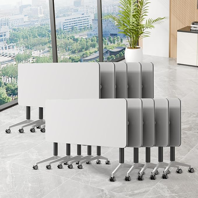 Conference Room Table, Folding Conference Table with Silent Wheels, Modular Flip Top Mobile Training Tables for Office, Training Room, Meeting Rooms, School, 2-16 Person (10, White, 55.1in)