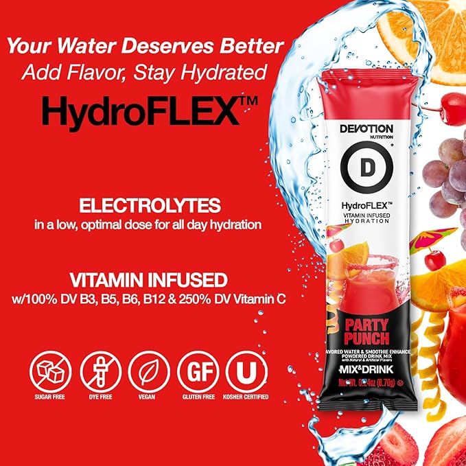 Devotion Nutrition HydroFLEX Water Flavoring Packets – Sugar-Free Hydration with Vitamins & Electrolytes – Dye-Free, Gluten-Free (Party Punch) 12-Pack Drink Mix