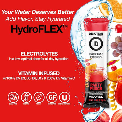 Devotion Nutrition HydroFLEX Water Flavoring Packets – Sugar-Free Hydration with Vitamins & Electrolytes – Dye-Free, Gluten-Free (Party Punch) 12-Pack Drink Mix