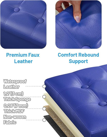 AmasSmile Storage Ottoman Folding Foot Rest Stool, Leather Footstool Bench, Short Ottoman Stool, Storage Foot Rest Store, Books (Blue-2pc, 17" D x 13" W x 13" H)