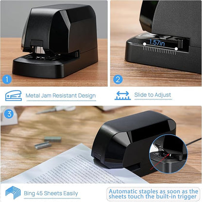 Electric Stapler for Desk Value Pack, 45 Sheet Capacity, Includes 1500 Staples & Staple Remover, No-Jam, Faster Stapling, AC Adapter Powered, Black
