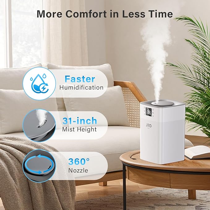 JRD 4L Humidifiers for Bedroom, Cool Mist Humidifier for Large Room, 40H Runtime, 360° Nozzle, Night Light for Home, Office, Baby Nursery, Plants（Grey）