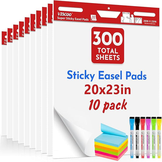 Thickened Sticky Easel Pad, 20 x 23 Inches Large Chart Paper for Teachers, Self Stick Easel Paper for White Board, White Anchor Chart Paper, with Sticky Note, 300 Sheets/10 Pads