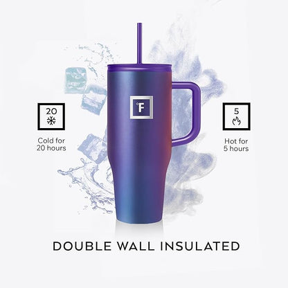 IRON °FLASK Co-Pilot Insulated Mug w/Straw & Flip Cap Lids - Cup Holder Bottle for Hot, Cold Drink - Leak-Proof - Water, Coffee Portable Travel Mug - Lavender, 32 Oz