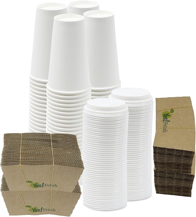 Yes!Fresh Disposable Paper Hot Coffee Cups with Lids for Office Parties Home Travel Corrugated Sleeve Hot Drink Cups (White 16 oz 100 count)