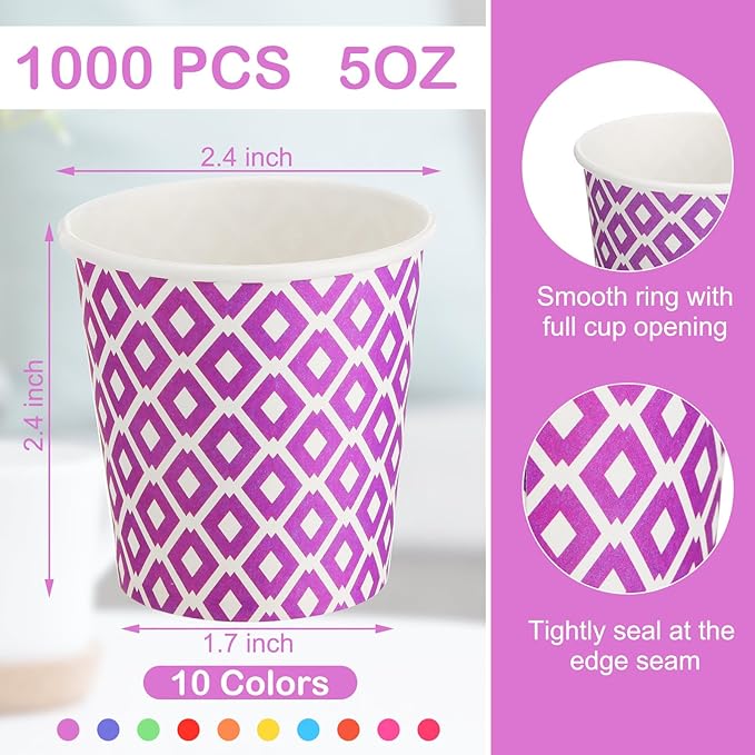 Yeaqee 1000 Pack Multicolor 5 oz Small Paper Cups Bulk 5 oz Colorful Disposable Cups Hot/cold Drinking for Bathroom,travel, Parties and Events, BBQs, Dessert,10 Colors