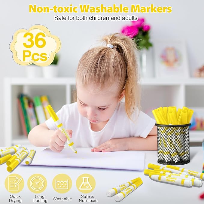 Janlaugh 36 Pcs Yellow Washable Markers Bulk Coloring Broad Line Markers for Kids Yellow Conical Tip drawing pen for School Supplies, travel Art baby shower gender reveal party Supplies, Ages 6+