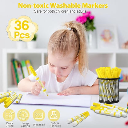 Janlaugh 36 Pcs Yellow Washable Markers Bulk Coloring Broad Line Markers for Kids Yellow Conical Tip drawing pen for School Supplies, travel Art baby shower gender reveal party Supplies, Ages 6+