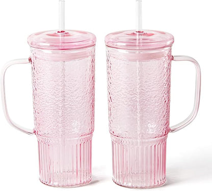 GOSCHE Glass Cups with Lids and Straws, 24oz Glass Tumbler with Straw and Lid, Iced Coffee Cups with Handle for Smoothie Juice Water Tea, Pink, 2 Pack