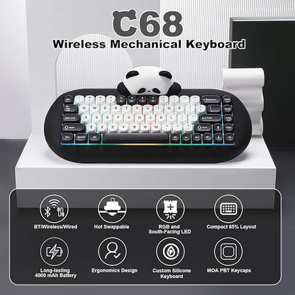 YUNZII C68 Panda Wireless Mechanical Gaming Keyboard, 68 Keys Cute Layout with PBT Keycaps,RGB Backlit, Hot Swappable,Creamy Switches,BT5.0/2.4G/Wired for Win/Mac(Black,Panda Switch)