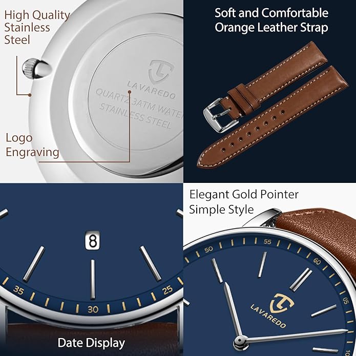 L LAVAREDO Watch for Men, Extremely Thin Mens Watches Minimalist Analog Men's Leather Wrist Watches with Time/Date, Birthday Gift for Men Boyfriend