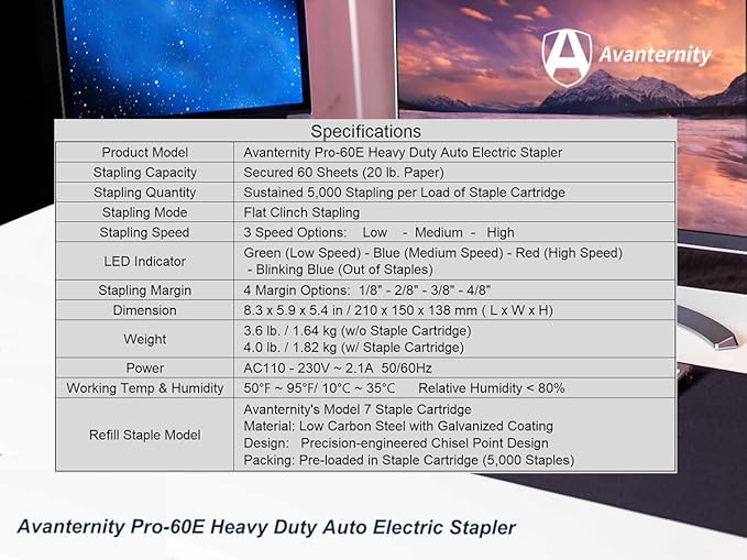 Avanternity's Pro-60E Heavy Duty Auto Electric Stapler (Value Kit) - Secured 60 Sheet Capacity, Includes 20,000 Staples