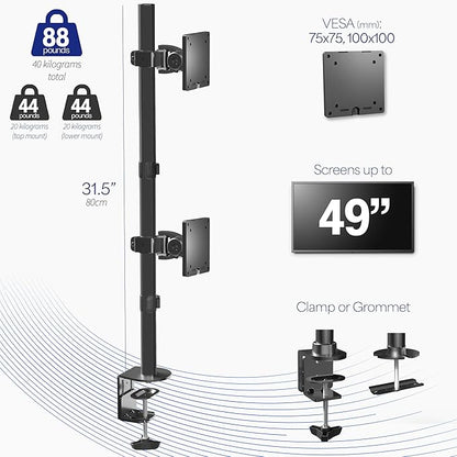 VIVO Dual Vertically Stacked Ultra-Wide Monitor Desk Mount for up to 49 inch Ultrawide Screens, Extra Tall Heavy Duty Adjustable Stand Holds 44 lbs Per Screen, Black, STAND-V202R