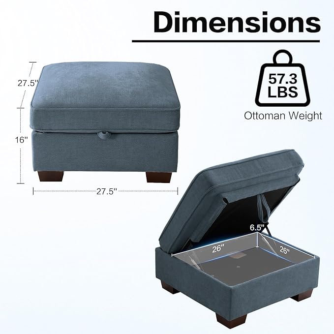 TEKAMON 27.5" Storage Ottoman, Square Footrest with Sponge Padded Seat, Chenille Fabric Step Stool for Sofa, Bedroom, Living Room, Entryway, Modern Change Shoes Stool, Wood Legs, (Blue)