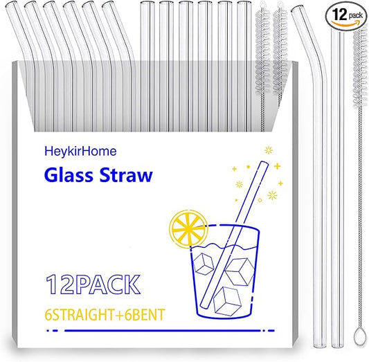 12-Pack Reusable Glass Straw,Size 8.5''x10 MM,Including 6 Straight and 6 Bent with 2 Cleaning Brush- Perfect For Smoothies, Tea, Juice