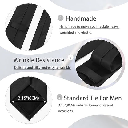 Black Tie Set in Gift Box Mens Solid Color 3.15" (8CM) Black Necktie and Pocket Square Set