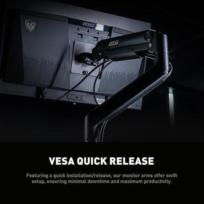 MSI MAG MT201 - Premium Heavy Duty Single Monitor Stand Arm, Supports 17-49" Screens and 44 lbs, VESA Compatible, Adjustable Spring Assisted Mount, Clamp & Grommet, Quick Release Plate - Black