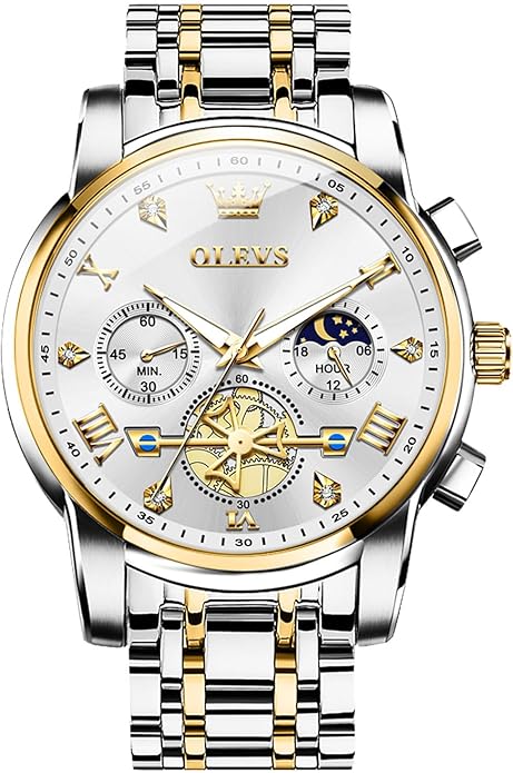 OLEVS Men Watches Stainless Steel Chronograph Watch, Large Wrist Analog Quartz Watch, Fashion Waterproof Diamond Roman Numerals Dress Watches for Men, Gold/Black/White/Blue/Grey Dial