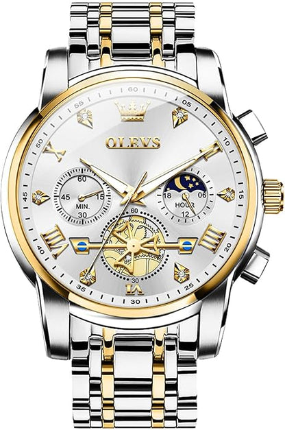 OLEVS Men Watches Stainless Steel Chronograph Watch, Large Wrist Analog Quartz Watch, Fashion Waterproof Diamond Roman Numerals Dress Watches for Men, Gold/Black/White/Blue/Grey Dial