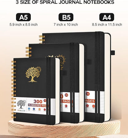 Large Spiral Notebook Journal for Women Men - 300 Numbered Lined Pages, College Ruled, A4 Hardcover Spiral Bound Notebook for School, Work, Note Taking, Writing, Leather Spiral Journal 8.5"x11"