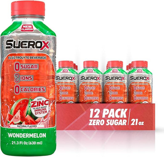SueroX Sugar-Free Sports Drink for Hydration and Recovery, Electrolyte Hydration Drink with 8 Ions, Zero Calorie Sports Drinks, Wondermelon (Watermelon) flavor, 21.3 Fl Oz, 12 Count