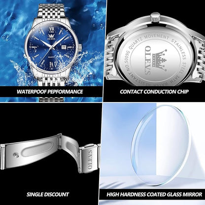 OLEVS Mens Watch Stainless Steel Analog Quartz Watches for Men Day Date Easy Read Diamond Waterproof Dress Luxury Classic Casual Big Face Blue/Black/Gold/Silver Roman Arabic Numerals Men's Wrist Watch