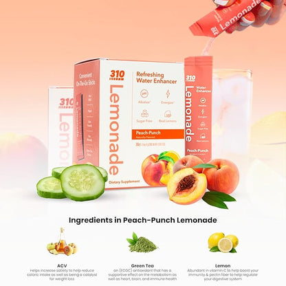 310 Nutrition Sugar-Free Lemonade Water Flavoring Packets - Peach Punch Hydration with Alkalizing Minerals - Low-Calorie Water Enhancer for Energy & Refreshment - 30 Singles - Made in The USA